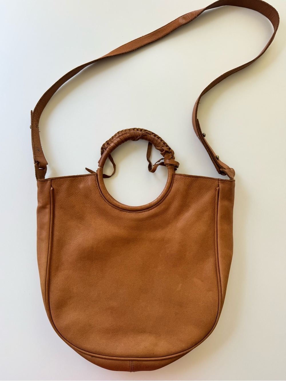 Cleobella - Women’s Tan Leather Shoulder Bag with Woven Handle